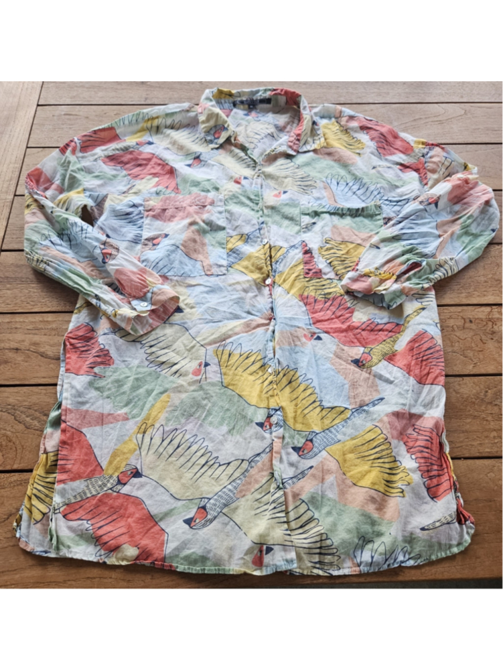 Shoulder Brazil Vibrant Bird Print Button Up Tunic Shirt Size 44 (US L)